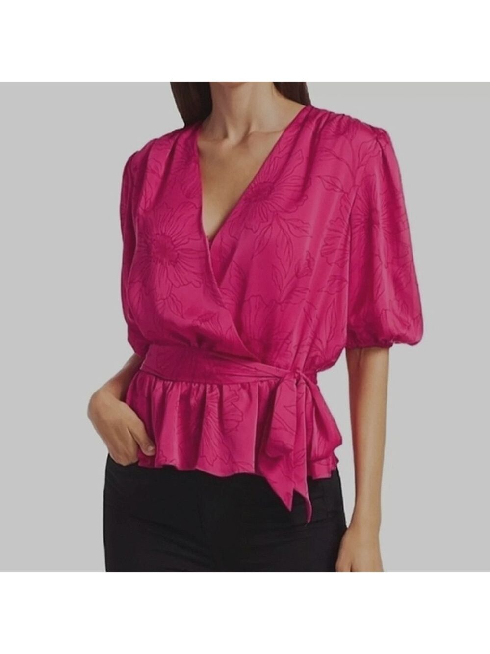 XS • Joie • Floral Surplice Blouse With Self Tie Belt